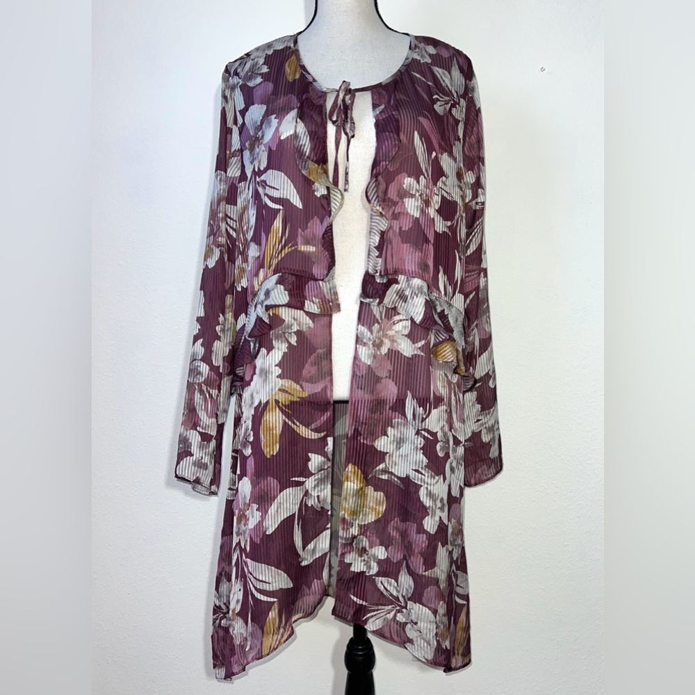 LOGO by Lori‎ Goldstein Floral Semi-Sheer Duster with Tie Front Top Small